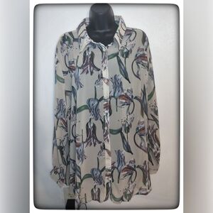 PrettyLittleThing Cream Sheer Floral Long Sleeve Blouse Sz 16 NWT